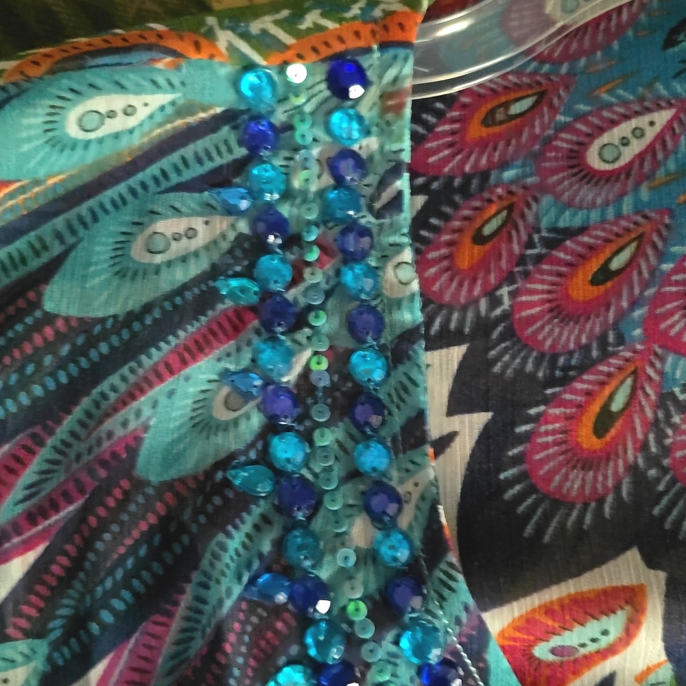 Sheer Colorful Peacock jeweled embellished adjustable Kimono Cover up Sz OS - Picture 9 of 9